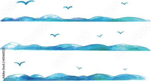 水彩画。水彩タッチの波模様ベクターイラスト。青い絵の具で描いた海の模様。Watercolor painting. Wave pattern vector illustration with watercolor touch. Sea pattern painted with blue paint.