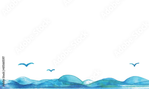 水彩画。水彩タッチの波模様ベクターイラスト。青い絵の具で描いた海の模様。Watercolor painting. Wave pattern vector illustration with watercolor touch. Sea pattern painted with blue paint.