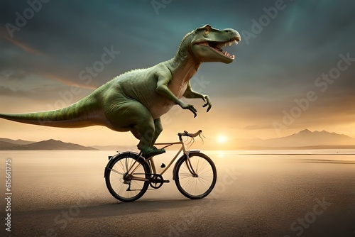 Dinosaurs running the bicycle and enjoying on its ride