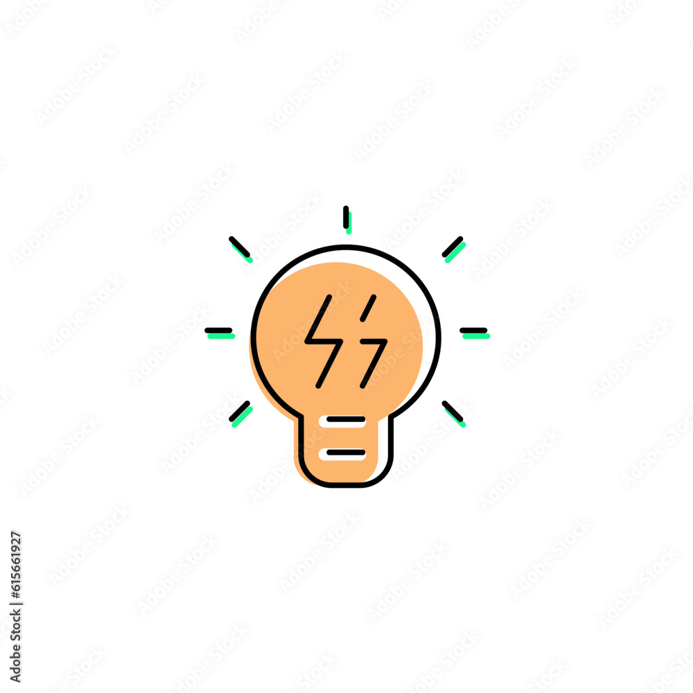 Lamp with thunder electric. Vector line icon black and white with green eco energy theme Lamp with thunder electric. Vector line icon black and white with green eco energy theme