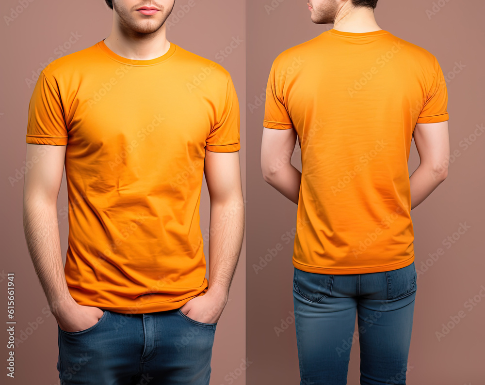 Photo realistic male orange t-shirts with copy space, front, and back view Photo realistic male orange t-shirts with copy space, front, and back view