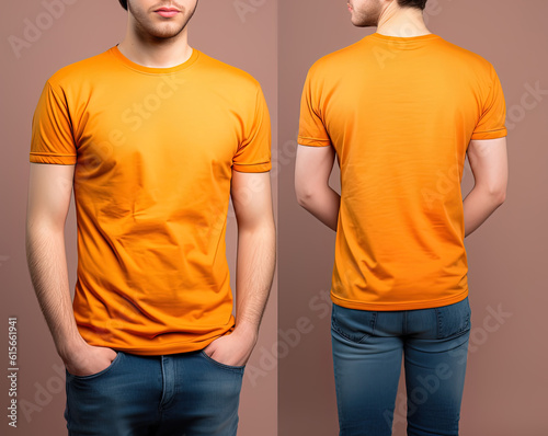 Photo realistic male orange t-shirts with copy space, front, and back view