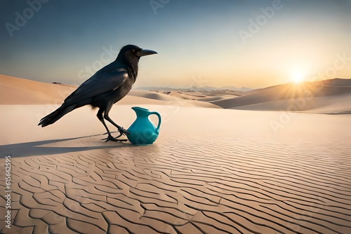 Crow sitting on the pitcher to drink water