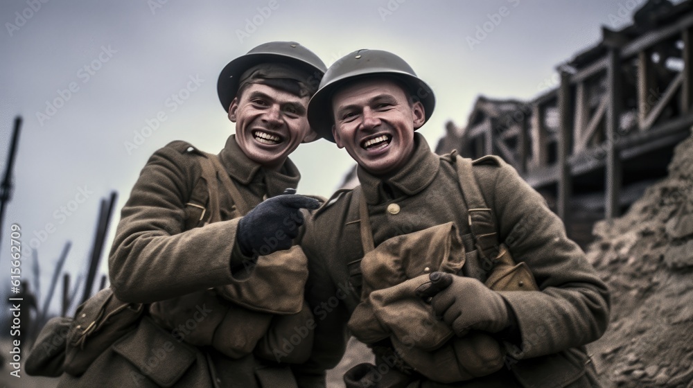 Two soldiers from the vintage military World War II. Smiling men selfie in the foxhole. 