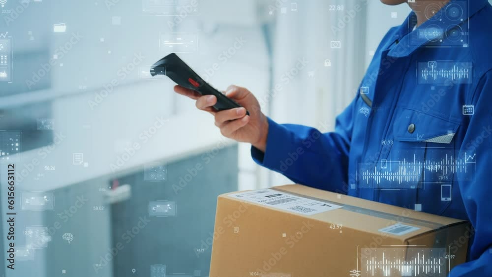 Delivery worker using handy scanner terminals and digital data concept.