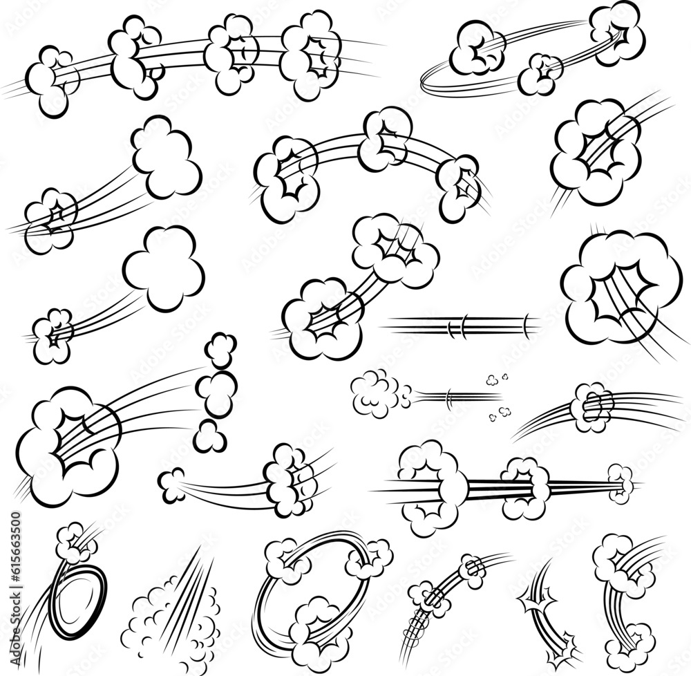 Set of comic style action effects, speed lines on white background. Comic action trails. Design element for poster, card, banner, flyer.