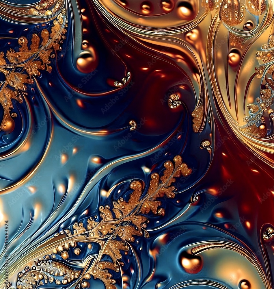 Wonderful abstract fractal background with colors gold and blue. AI generated.