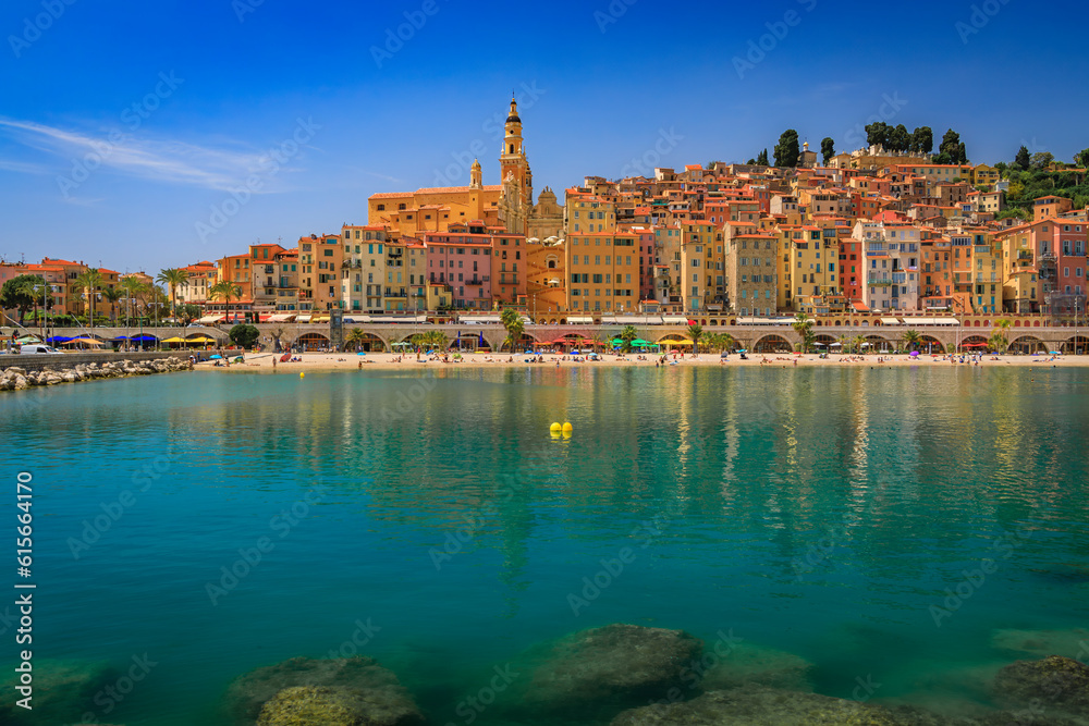 Fototapeta premium View of the colorful old town facades above the Mediterranean Sea in Menton on the French Riviera, South of France on a sunny day