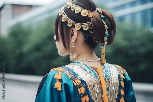 Generative ai portrait of beautiful asian kazakh mongolian chinese woman in national costume photo