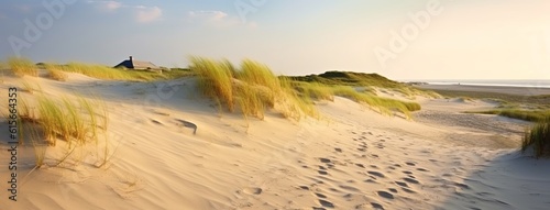Panoramic view of a sandy beach dune in summer. Made with Generative AI technology