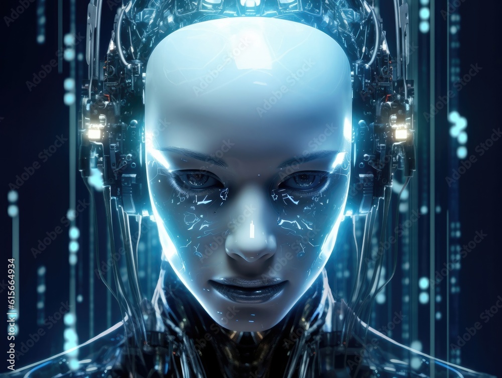 A female artificial intelligence android head, face like human woman, on a black background and light streaks in it. Generative AI A female artificial intelligence android head, face like human woman, on a black background and light streaks in it. Generative AI