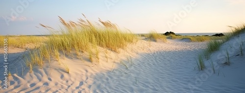 Panoramic view of a sandy beach dune in summer. Made with Generative AI technology