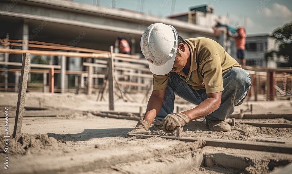 Skilled laborer using power tools to fix metal fittings on construction site. Creating using generative AI tools