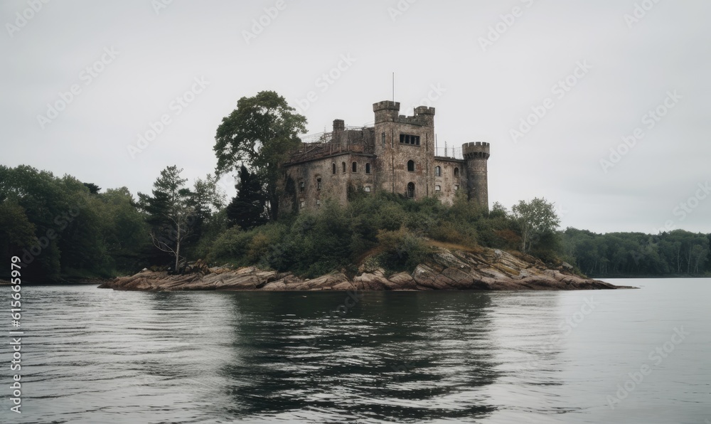 The forlorn old castle rested on a small, deserted island Creating using generative AI tools