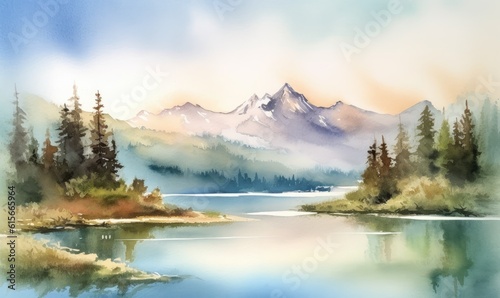 Watercolor painting of alps and lake scenery Creating using generative AI tools © uhdenis