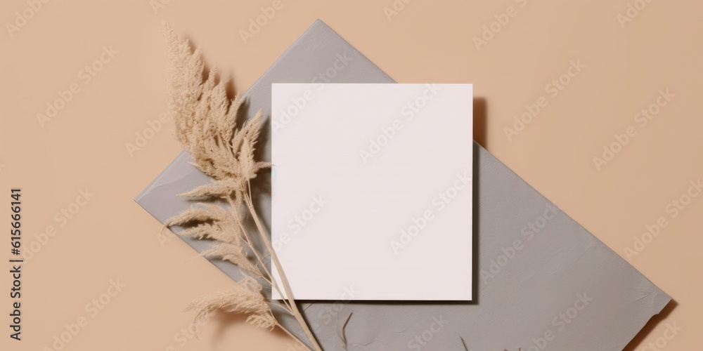 Mockup Paper: Boho Minimal Style Greeting Card for Wedding Invitations and Birthday Stationery. Top View Flat Lay with Ample Copyspace. Generative AI. Mockup Paper: Boho Minimal Style Greeting Card for Wedding Invitations and Birthday Stationery. Top View Flat Lay with Ample Copyspace. Generative AI.