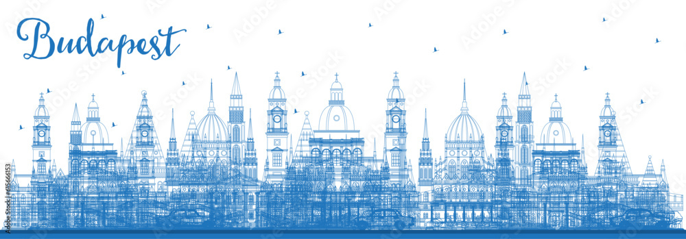 Outline Budapest Hungary City Skyline with Blue Buildings. Budapest Cityscape with Landmarks.