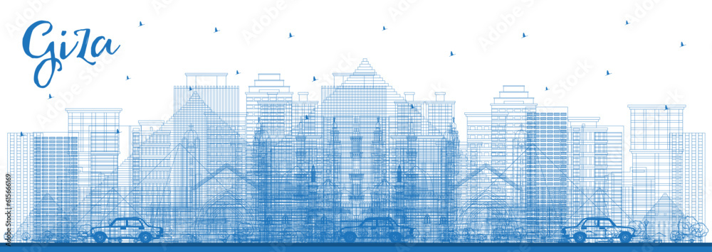 Outline Giza Egypt City Skyline with Blue Buildings. Cityscape with Famous Landmarks.