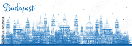 Outline Budapest Hungary City Skyline with Blue Buildings. Budapest Cityscape with Landmarks.