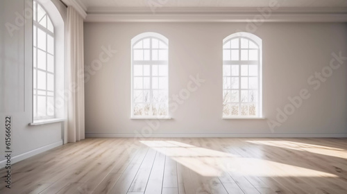 White room interior and wood plank floor with shadow sunlight  Perspective of minimal design architecture  Window and sunlight wallpaper  background for poster  cover  product showcase  AI generated.