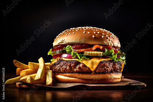 fresh tasty burger and french fries on dark background