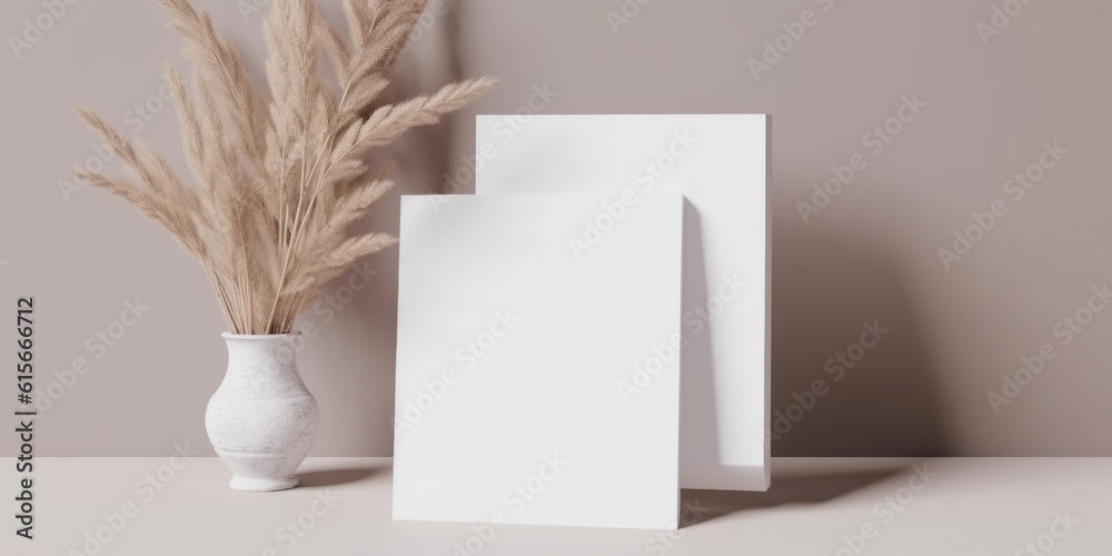 Mockup Paper: Boho Minimal Style Greeting Card for Wedding Invitations and Birthday Stationery. Top View Flat Lay with Ample Copyspace. Generative AI. Mockup Paper: Boho Minimal Style Greeting Card for Wedding Invitations and Birthday Stationery. Top View Flat Lay with Ample Copyspace. Generative AI.