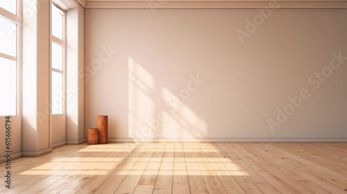 White room interior and wood plank floor with shadow sunlight, Perspective of minimal design architecture, Window and sunlight wallpaper, background for poster, cover, product showcase, AI generated.