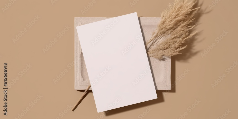 Blank greeting card, mockup paper. Boho Minimal Style. Wedding invitation, Brithday stationery. Flat lay Top view Copyspace, Generative AI. Blank greeting card, mockup paper. Boho Minimal Style. Wedding invitation, Brithday stationery. Flat lay Top view Copyspace, Generative AI.