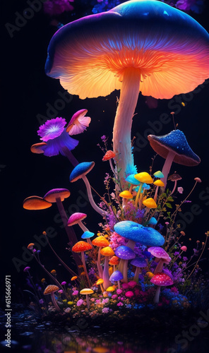 Glowing mushrooms in the forestay technology generated image. Generative AI photo