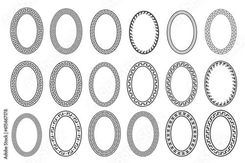 Greek key oval frame set. Circle borders with meander ornaments. Ellipse ancient designs. Vector