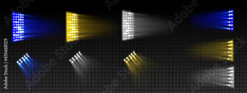 Stage spotlights, stadium lights for show, concert, football and sport events. Bright blue, white and yellow projectors isolated on transparent background, vector realistic illustration