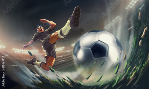Professional football or soccer player in action on stadium with, kicking ball for winning goal, wide angle. Concept of sport, competition, motion, overcoming. Field presence effect.  © Fahad