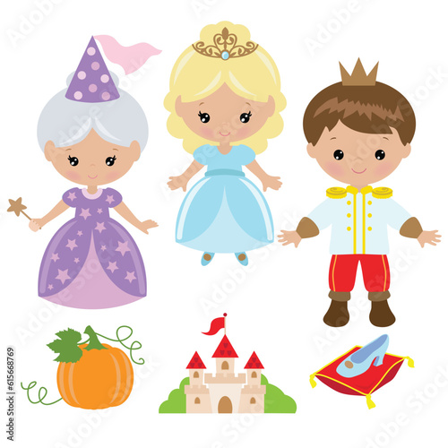 Cinderella fairy tale characters vector cartoon illustration
