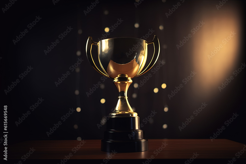 Golden glowing trophy cup on dark background. Concept of success and achievement Golden glowing trophy cup on dark background. Concept of success and achievement