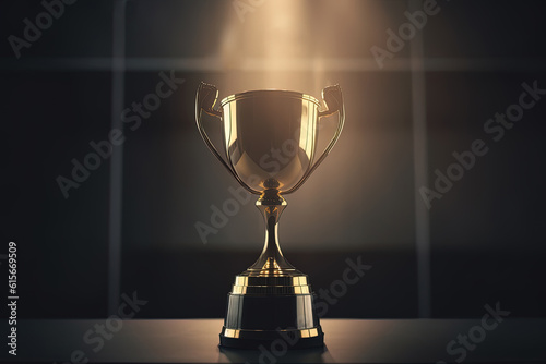 Golden glowing trophy cup on dark background. Concept of success and achievement