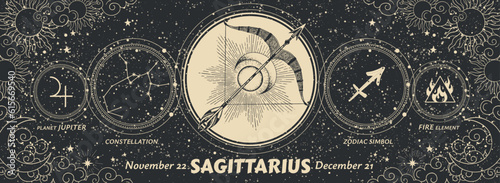 Sagittarius zodiac sign vintage black banner, astrology symbols, date, constellation, modern horoscope card. Mystical hand drawn vector drawing, calendar.