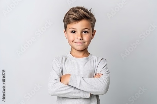 Portrait of a cute little boy in a gray sweater on a white background
