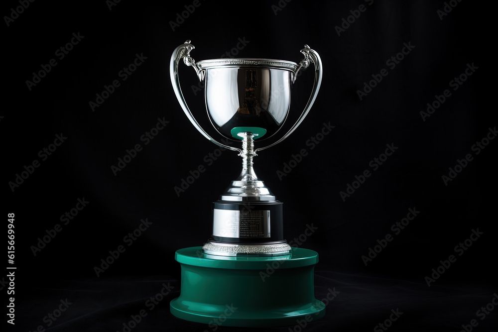 Silver glowing trophy cup on dark background. Concept of success and achievement