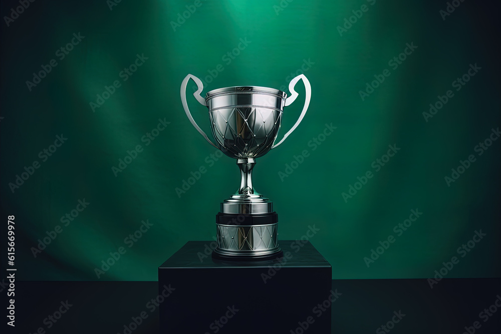 Silver glowing trophy cup on dark background. Concept of success and achievement