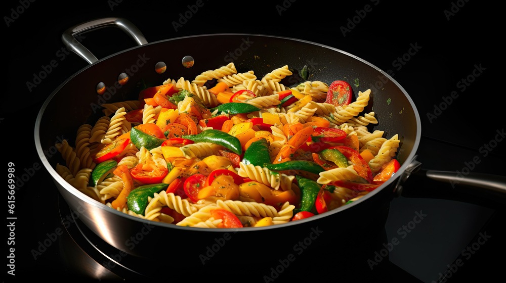 pasta with tomatoes and basil leaves in a frying pan on a black background photo taken from above stock photo pasta with tomatoes and basil leaves in a frying pan on a black background photo taken from above stock photo