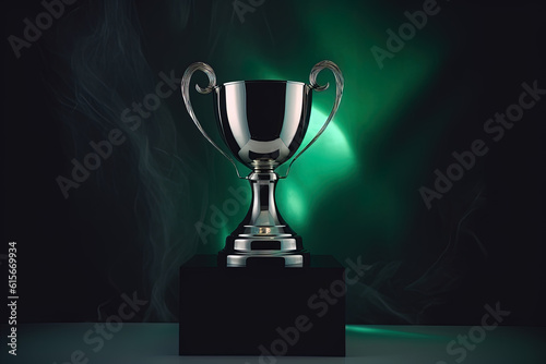 Silver glowing trophy cup on dark background. Concept of success and achievement