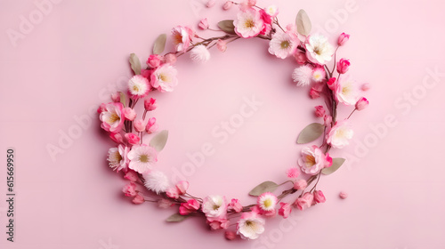 Different small flowers in a wreath on pink background with copy space. Abstract natural floral frame layout with text space. Romantic feminine flatlay. Wedding, International Women day, Mother Day