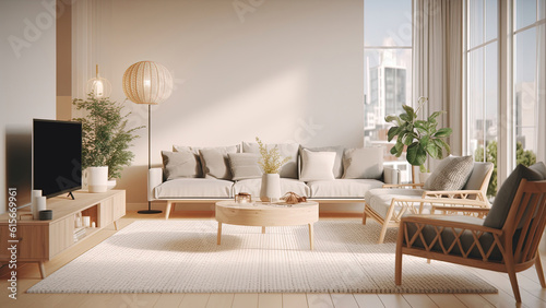 A sunlit living room in a park view apartment with a high ceiling and off-white color scheme, adorned with elegant wood furniture. Photorealistic illustration, Generative AI © DIMENSIONS