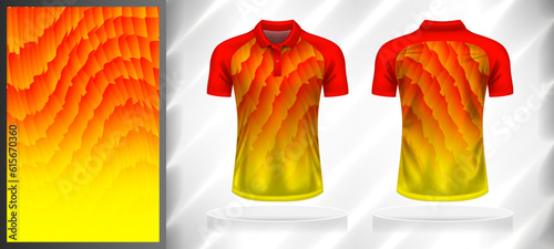 Vector sport pattern design template for Polo T-shirt front and back view mockup. Dark and light shades of yellow-orange-red color gradient abstract grunge texture background illustration.