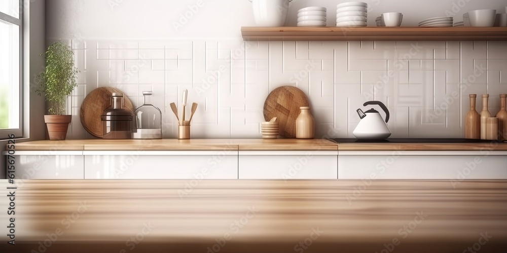 Kitchen room in Spacious Home. Wooden tabletop in a modern interior Kitchen room in Spacious Home. Wooden tabletop in a modern interior