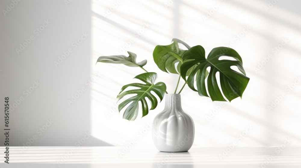 Monstera leaf in ceramic potted on white background for decorative artwork and home interior design for minimalist style. Generative Ai Monstera leaf in ceramic potted on white background for decorative artwork and home interior design for minimalist style. Generative Ai