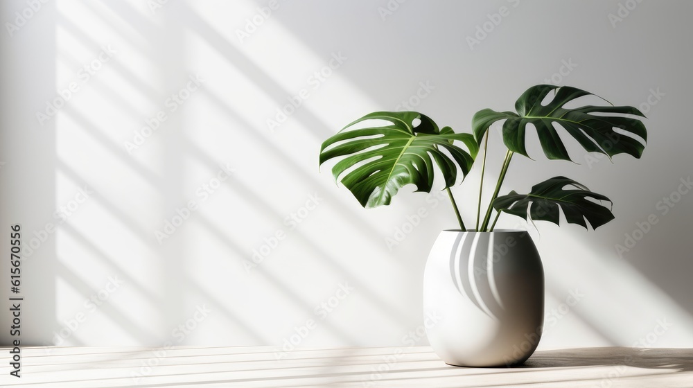 Monstera leaf in ceramic potted on white background for decorative artwork and home interior design for minimalist style. Generative Ai Monstera leaf in ceramic potted on white background for decorative artwork and home interior design for minimalist style. Generative Ai
