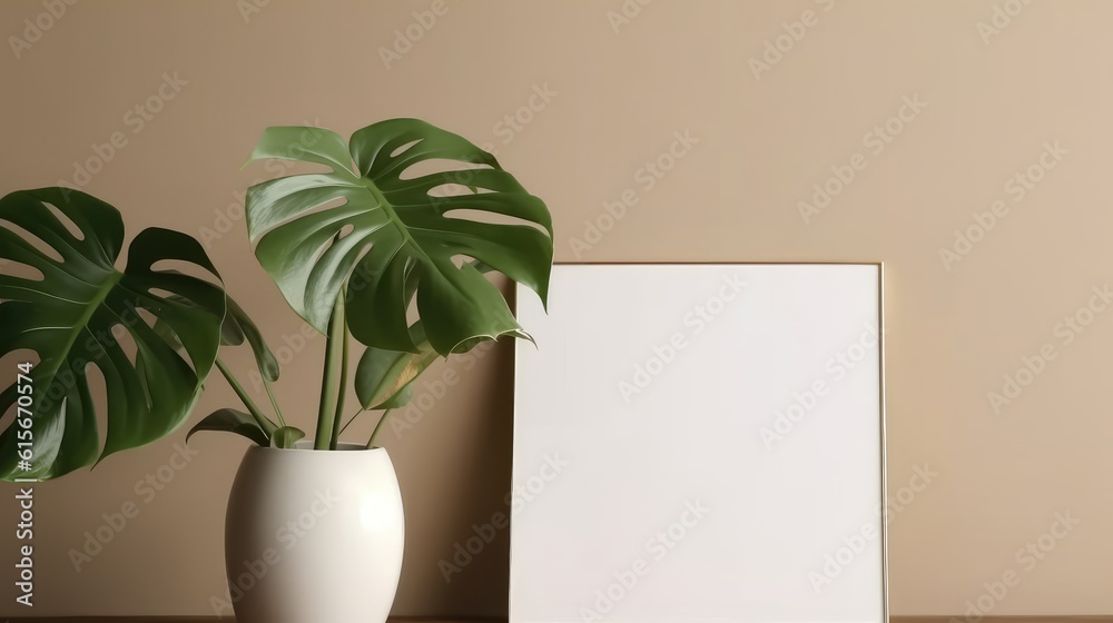 Monstera leaf in ceramic potted with blank white frame on cream background for decorative artwork,banner and home interior design,home office with workspace for minimalist style. Generative Ai