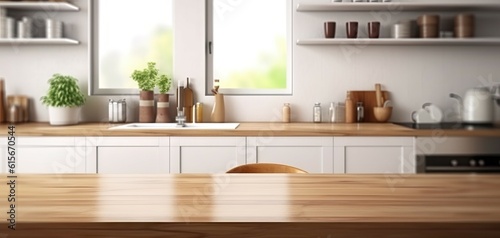 Kitchen room in Spacious Home. Wooden tabletop in a modern interior © Thares2020