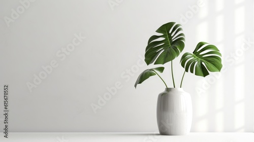 Monstera leaf in ceramic potted on white background for decorative artwork and home interior design for minimalist style. Generative Ai
